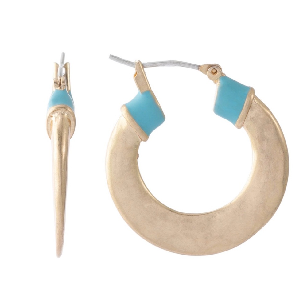 Bella Uno Gold Blue Enamel Knife Edge Hoop Earrings NWT Hammered